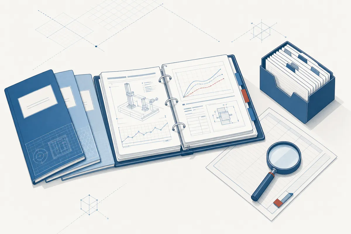Illustration einer Wissensbasis: aufgeschlagener Prüfordner mit Diagrammseiten, daneben Dossier-Mappen, ein Karteikasten und eine Lupe.