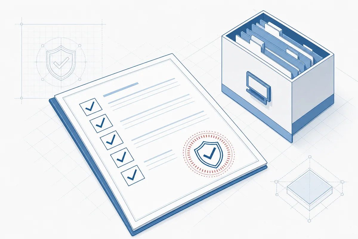 Illustration eines amtlichen Registers mit Prüf-Checkliste und Verifizierungs-Siegel.
